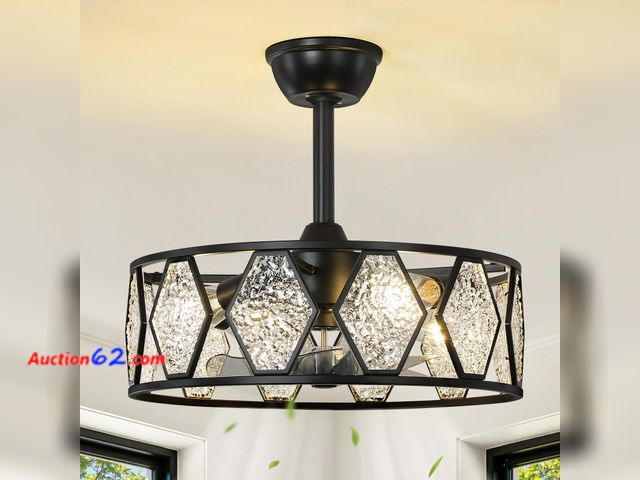 Lot 44-141 - $123.21 Retail price - RUIYEY Crystal Ceiling Fans with Lights: 19 inch Black Caged Fandelier Ceiling Fan with Remote, Height Adjustable Rev...