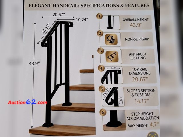 Lot 44-7241e - Handrail for outdoor steps, 1 step black iron stair Handrail with installation kit, black  Appears New, A basic inspection has been given to...