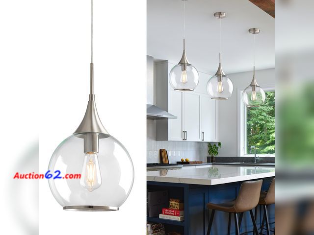 Lot 44-404o - $79.99 Retail price - HAHZT Pendant Light Kitchen Island: Brushed Nickel Light Fixture Farmhouse with Clear Glass - 10 Inch Mid Century Glob...