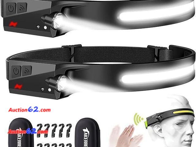 Lot 44-9031i - Pack of (2) Rechargeable Headlamps,High Lumen,8 Hours Battery Life(in Low Lumen),10 Clips and 2 Cases,Waterproof 2.4oz Lightweight,5 Light M...