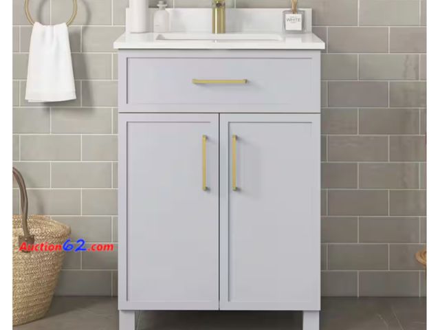Lot 44-15g - Retail value $399- Bilston 24 in. Single Sink Dove Gray Bath Vanity with White Engineered Stone Top (Assembled) Appears New, A basic inspect...