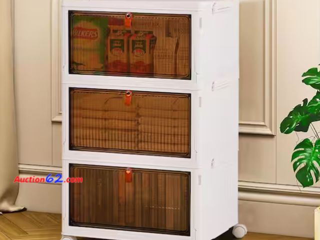 Lot 44-1941i - 3-Tier Stackable Storage Bins with Lid, Magnetic Doors &amp; Wheels, Foldable Closet Organizers 25.2 in.White Accent Cabinet Appears New, A ...