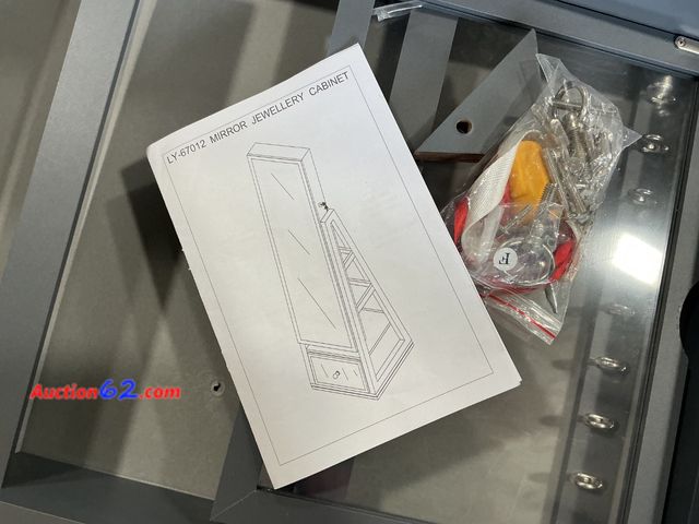 Lot 44-1602w - $150 Retail price - LY-67012 Mirror Jewellery Cabinet - Grey damage to various parts see photos E-Commerce Return, A basic inspection has be...
