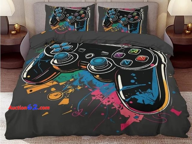 Lot 44-6612g - Delerain Comforter Cover Set Twin Size, Gamer Controller Gamepad 3-Piece Bedding Set Microfiber, 1 Duvet Cover + 2 Pillowcases Appears New, ...