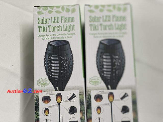 Lot 44-6033g - Set of 2 solar led flame tiki torch lights NEW. See All Photo's Not Tested Never opened, Factory Sealed