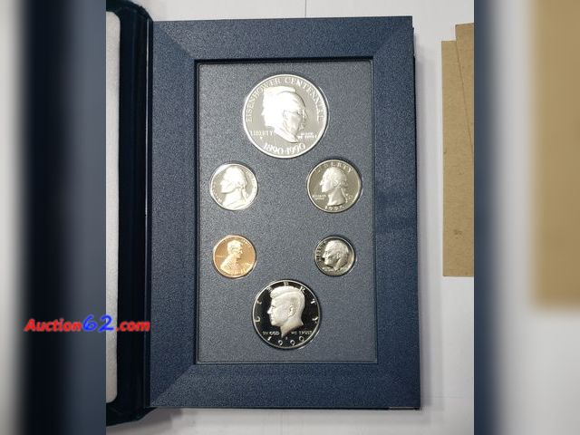 Lot 44-8340g - 1990 PRESTIGE SET WITH 90% PROOF SILVER EISENHOWER COMMEMORATIVE DOLLAR. IN ORIGINAL US MINT GOVERNMENT PACKAGING AND BOX. ALSO INCLUDES KEN...