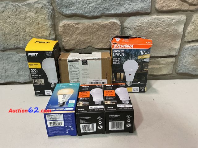Lot 44-1692f - Feit Electric, Sylvania, TP-Link - LED Light Bulbs Lot - Dimmable, 3-Way, Dusk to Dawn See All Photo's Not Tested E-Commerce Return, A basic...