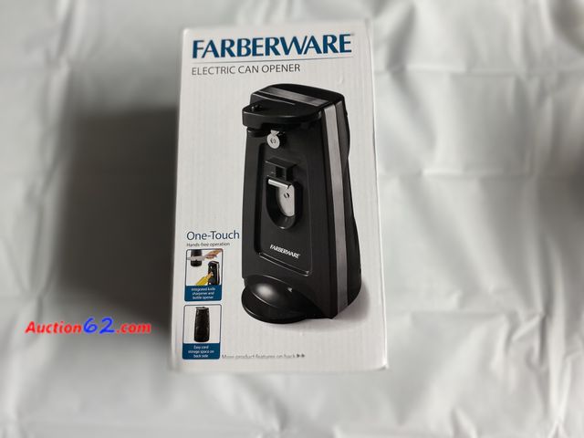 Lot 44-2157g - New. Faberware one-touch electric can opener. Has an inter grated knife sharpener and bottle opener. See photos. See All Photo's Never opene...