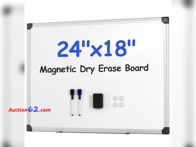 Lot 44-238a - VUSIGN Magnetic White Board Kit for Wall 24" x 18", 1 Dry Eraser &amp; 2 Multicolor Markers &amp; 4 Magnetic Pins, Sliver Reinforced Aluminu...