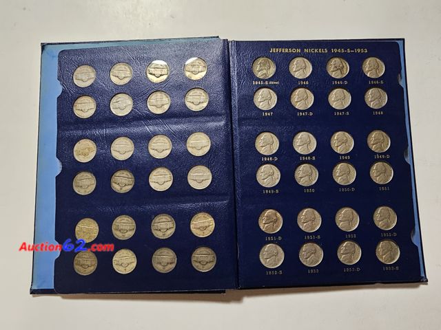 Lot 44-8372f - 1938-1964D COMPLETE JEFFERSON NICKEL SET W/LOW MINTAGE 1950D KEY DATE COIN AND FULL SET OF 11 WORLD WAR II SILVER NICKELS. COMES IN A VINTAG...