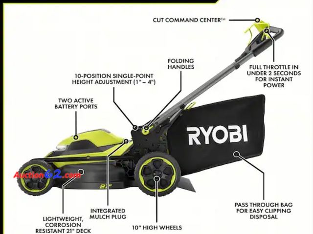 Lot 44-7353n - RYOBI 40V HP brushless 21" cordless battery walk behind self-propelled lawn mower with 6.0 Ah battery and charger, retail $589.00 Appears Ne...