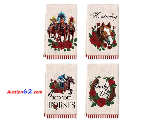 Lot 44-9259 - Retail of $28-Artoid Mode Jockey Horse Racing Rose Kentucky Kitchen Towels Dish Towels, 18x26 Inch Festival Farmhouse Decoration Hand Towels...