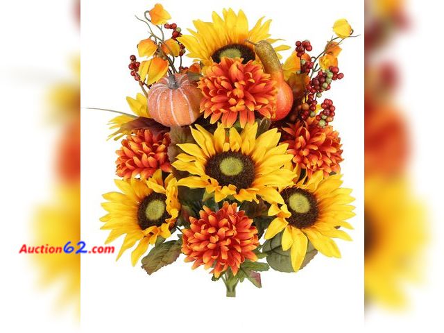 Lot 44-1158j - Admired by Nature Artificial Autumn Flower Arrangement - 18 Stems of Gold/Orange Color Mums, Sunflowers, Zinnia - for Home Decor, Weddings, ...