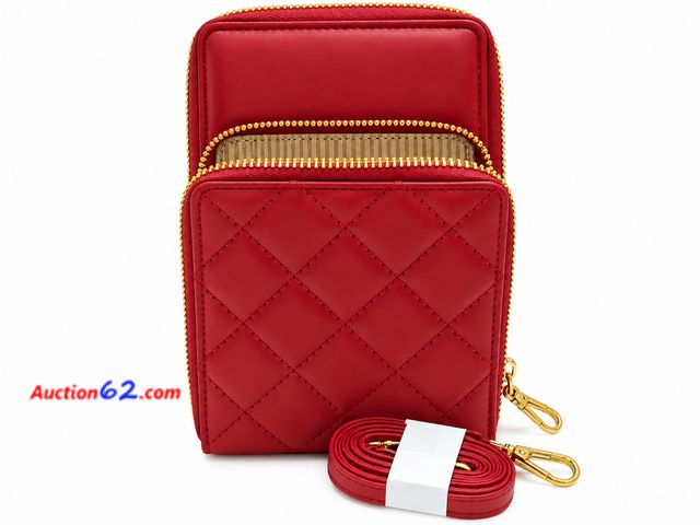 Lot 44-6059m - Red Quilted Crossbody Cell Phone Bag Featuring a Diamond Patterned front pocket and gold-Toned Zippers. #93665 Appears New, A basic inspecti...