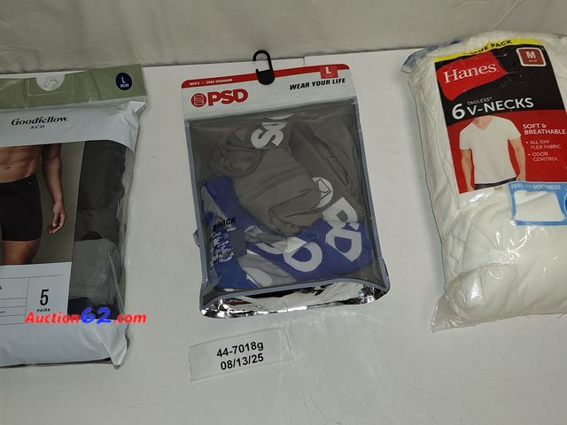 Lot 44-7018g - Lot of (3) Hanes 6 tagless V-necks, size M (38/40), PSD underwear, 2 pairs, size L (36/38) and Goodfellow classic boxer briefs, 5 pair, size...