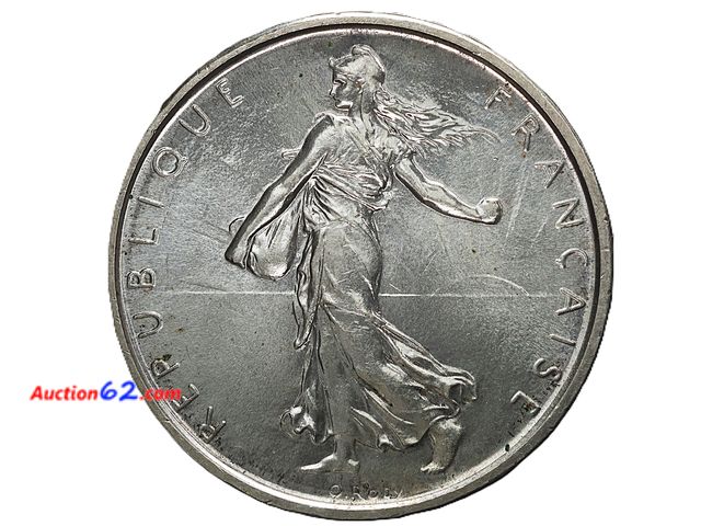 Lot 44-8317m - 1964 5 FRANCS FRENCH SILVER HALF DOLLAR SIZED COIN. HAS .3221 TROY OUNCES OF SILVER. BRILLIANT UNCIRCULATED. VERY PRETTY COIN!-T