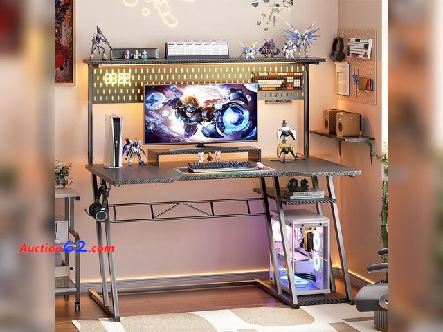 Lot 44-9066g - Retail of $144- Gaming Computer Desk with Shelves and Outlets, Gaming Desk with Hutch and LED Lights, Reversible PC Gaming Desk with Pegboar...