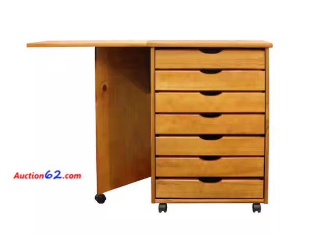 Lot 44-162w - Retail of $121-7-Drawer Medium Pine Wood 41.6 in. Gate Leg Roll Cart Desk- never opened  Appears New, A basic inspection has been given to t...