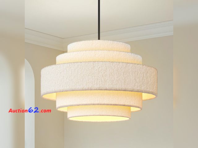 Lot 44-1829w - $149.99 Retail price - 20'' Modern 5-Tier Chandelier, Large Plush Drum Pendant Light for Kitchen Island, Adjustable Height &amp; White Shade...