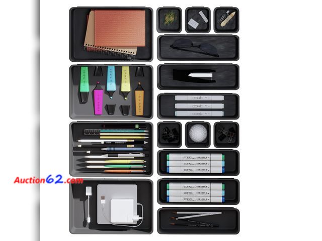 Lot 44-9026m - QUELIEN Desk Drawer Organizer Tray Set, 16PCS Plastic Drawer Organizer Bins for Office, Makeup, Kitchen - Gray Blue Desk Organizer with Flex...