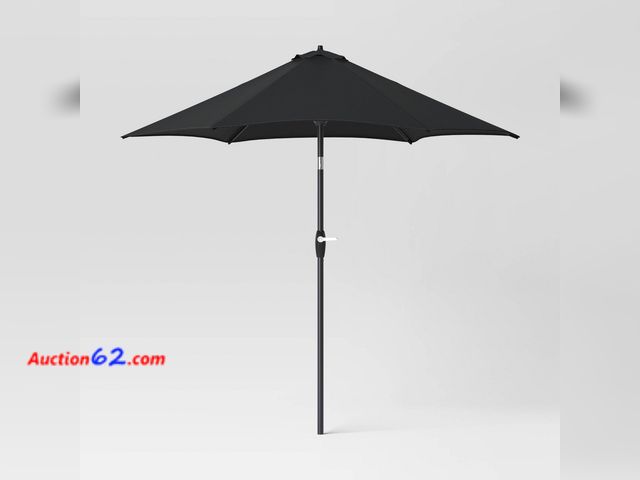 Lot 44-1584j - $80 Retail price - 9' Round Outdoor Patio Market Umbrella Black with Black Pole - Room Essentials: Fade-Resistant, Crank Lift, Push-Button T...