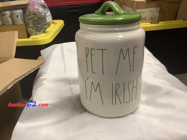 Lot 44-6119e - Rae Dunn Pet Me I’m Irish Cookie Jar 8” tall Appears New, A basic inspection has been given to this item. Sold AS-IS. See All Photo's Not Te...