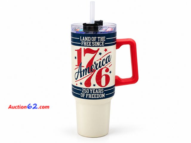Lot 44-6145m - 40oz Double wall stainless steel, keeps cold drinks cold, and hot drinks hot.  “Land of the Free Since 1776 America 250 Years Of Freedom” Ap...