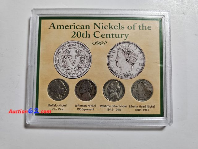 Lot 44-8338q - AMERICAN NICKELS OF THE 20TH CENTURY SET. HAS SILVER JEFFERSON WAR NICKEL, BUFFALO NICKEL, JEFFERSON NICKEL  AND LIBERTY "V" NICKEL. PACKAGE...