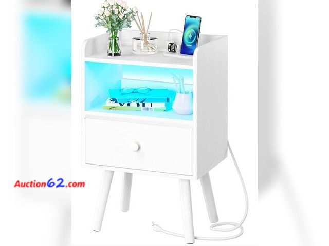 Lot 44-6981p - Yoobure Nightstand with Charging Station, Modern Night Stand with LED Lights, Wood Nightstands with Fabric Drawer &amp; Storage Shelf, Night...