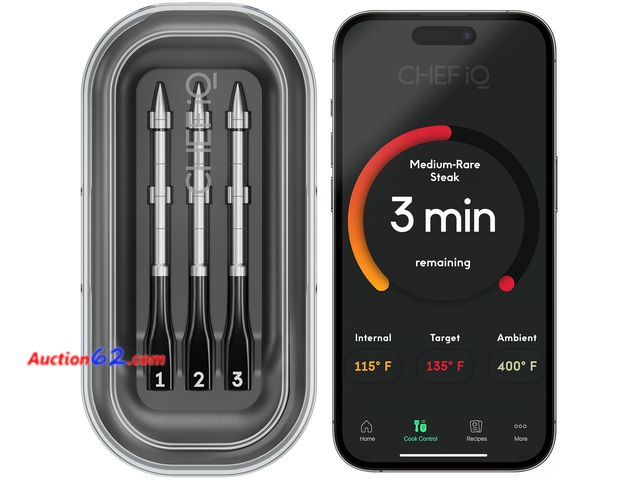 Lot 44-5283g - CHEF iQ Sense Smart Wireless Ultra-Thin Meat Thermometer, Unlimited Range, Bluetooth &amp; Wifi, - 3 Probe Set with Smart Hub. MSRP: $159.99...