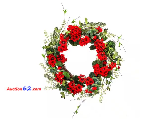 Lot 44-690b - Retail value $39- Red Artificial Geranium Fern Willow Wreath 22 in. 1. Appears New, A basic inspection has been given to this item. Sold AS-...