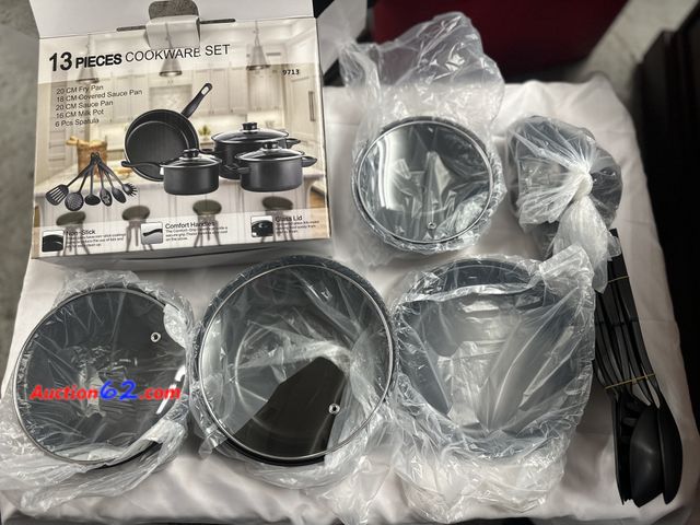 Lot 44-6001f - 13 pc non stick cookware set 1- skillet 3 pans, 6 spatulas, assembly required. New. Opened for photos. See All Photo's Not Tested Never open...