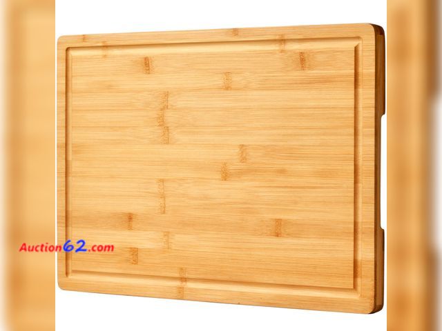 Lot 44-856i - Allsum 20x14" Extra Large Bamboo Cutting Boards for Kitchen, XL Wood Charcuterie Boards Cheese Serving Tray with Side Handles and Juice Groo...