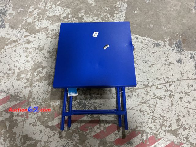 Lot 44-1573w - Metal Slat Folding Table Blue - Room Essentials E-Commerce Return, A basic inspection has been given to this item. Sold AS-IS. Dented Not Te...