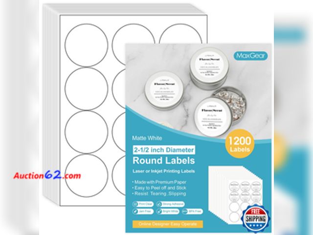 Lot 44-9143i - MaxGear 2.5" Round Matte White Printable Labels Inkjet Laser 1200pcs 100 Sheets Appears New, A basic inspection has been given to this item....