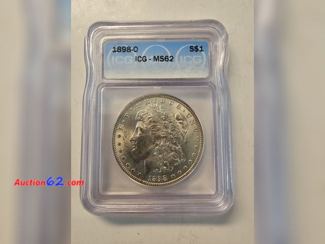 Lot 44-8344u - 1898-O LIBERTY HEAD MORGAN 90% SILVER DOLLAR GRADED MS62 (MINT STATE) BY ICG. MINTED IN NEW ORLEANS.-NT