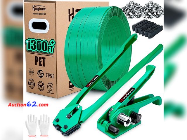 Lot 44-153m - $88.9 Retail price - Hugbow Banding Strapping Kit, Heavy Duty Pallet Packaging Kit with >1500lbs 5/8" x 1300' PET Strapping Roll, 300 Met...