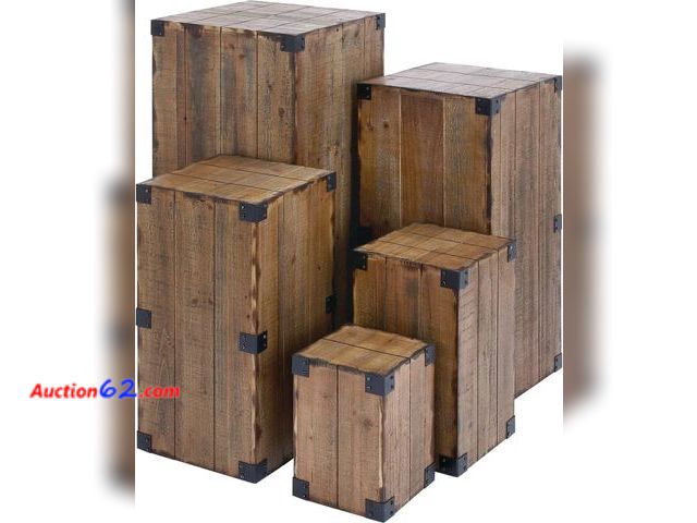 Lot 44-114g - Retail value of $299.99- Set of 5 Farmhouse Wood Pedestal Tables Brown - Olivia &amp; May: Indoor Accent Furniture, No Assembly Required App...