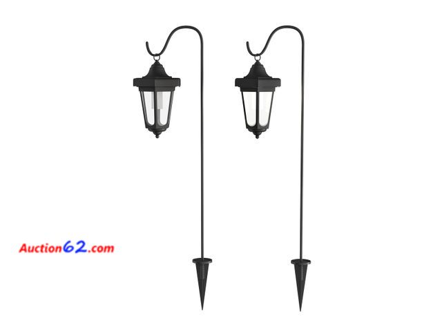 Lot 44-1977e - Set of 2 Solar Lanterns - Waterproof Hanging Coach LED Lights with Shepherd Hooks for Mounting - Garden Decor for Outside by Pure Garden (Bl...