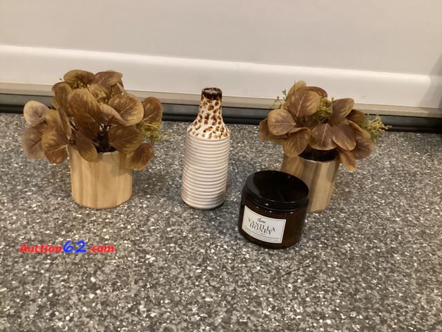 Lot 44-7723b - Lot of (2) faux flower arrangements, (1) vase, (1) 3 wick candle.  Appears New, A basic inspection has been given to this item. Sold AS-IS. ...