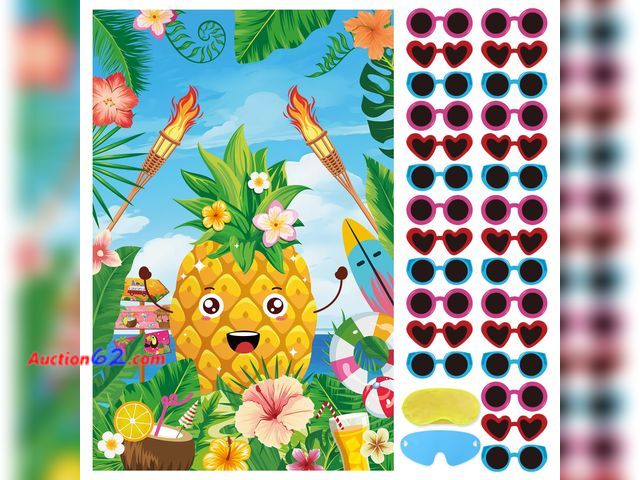 Lot 44-938m - Lot of 4 - Hxezoc Hawaiian Luau Party Game for Kids Pin The Sunglasses on The Pineapple with 27 Pcs Sunglasses Stickers, Large Summer Tropic...