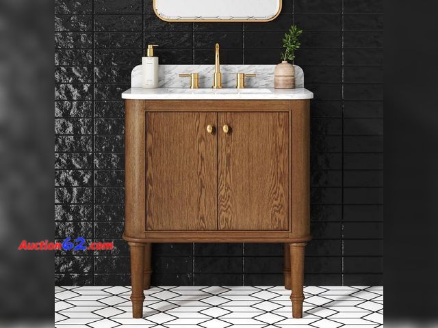 Lot 44-19i - $1039 Retail price - Collette 30 in. Single Sink Cinnamon Oak Bath Vanity with White Carrara Marble Top (Assembled) Appears New, A basic ins...