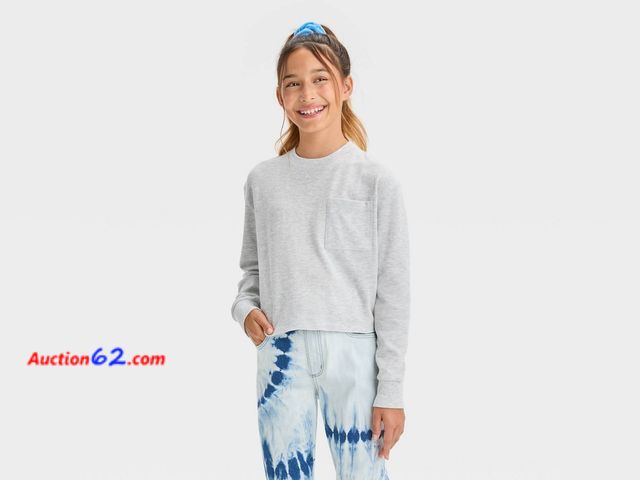 Lot 44-3035q - New Lot of 2 - Size XXL (16/18) - Girls' Long Sleeve Waffle Top with Pocket - Art Class™ Heather Gray - New with Tags - See Pictures