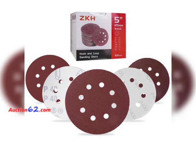Lot 44-2633f - ZKH 100 PCS 5 Inch Sanding Discs, 8 Hole Hook and Loop Sanding Discs 60/80/120/180/240/320/400 Assorted Grits Sandpaper for Random Orbital S...