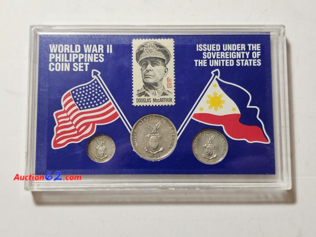 Lot 44-8353j - THREE (3) SILVER COIN AND STAMP SET. 1944 AND 1945 SILVER PHILIPPINES COINS WITH .750 SILVER CONTENT. 10, 20 AND 50 SILVER CENTAVOS. ALSO CO...