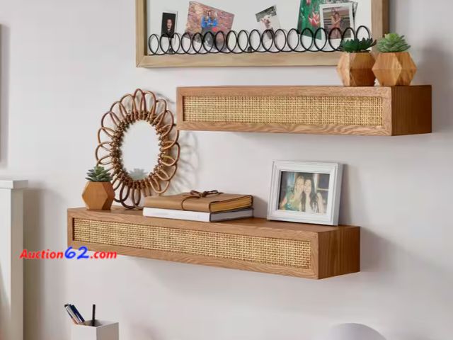 Lot 44-729b - Retail value $89- Natural Wood Floating Wall Shelves with Rattan Caning Detail (Set of 2) 1. Appears New, A basic inspection has been given ...