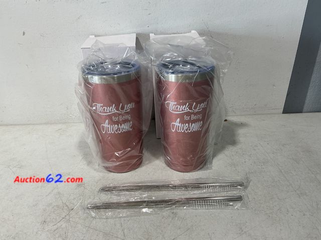 Lot 44-818 - Set of 2 Rose Gold Tumblers with Straws - Thank You for Being Awesome Not Tested See All Photo's Appears New, A basic inspection has been gi...