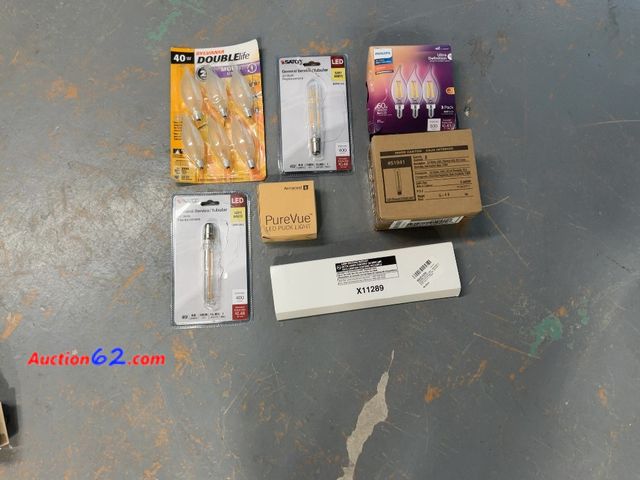 Lot 44-1501p - Mixed Lot Sylvania, Philips, SATCO, Armacost LED Light Bulbs - Candelabra, Tubular, Puck Styles, Various Wattages, Soft White Light E-Commer...
