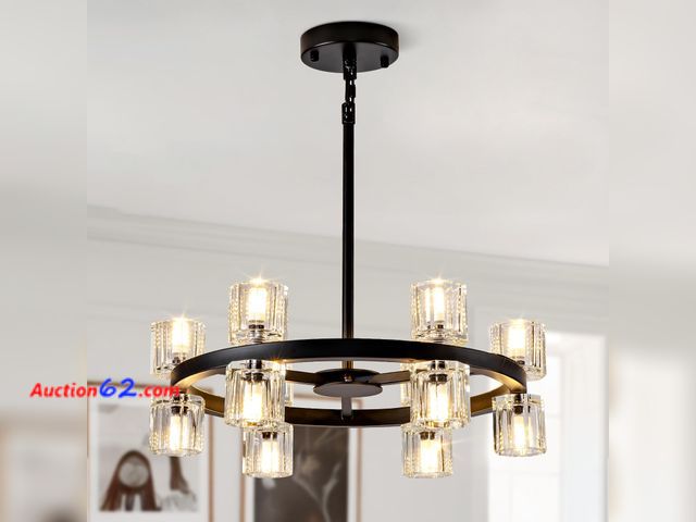 Lot 44-2707 - $161.59 Retail price - Vookea Black Crystal Chandelier 12-Light, 18" Modern Round Wagon Wheel Chandelier with K9 Crystal Shades, Adjustable ...