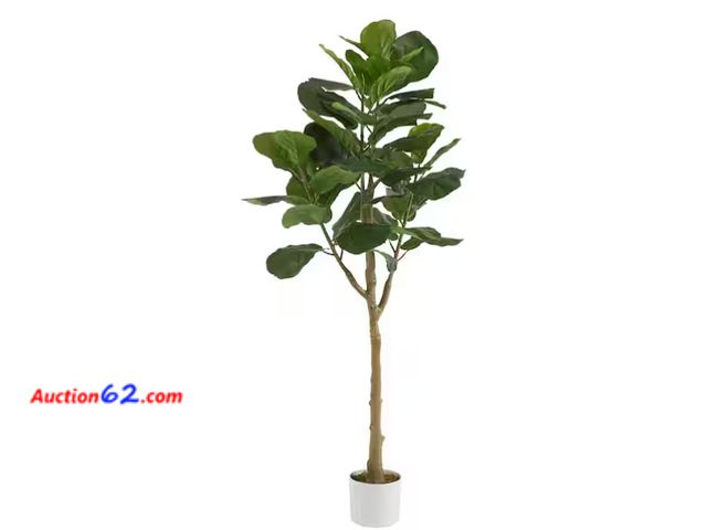 Lot 44-1596w - 5ft Faux Fiddle Leaf Fig Tree in White Pot E-Commerce Return, A basic inspection has been given to this item. Sold AS-IS. See All Photo's No...